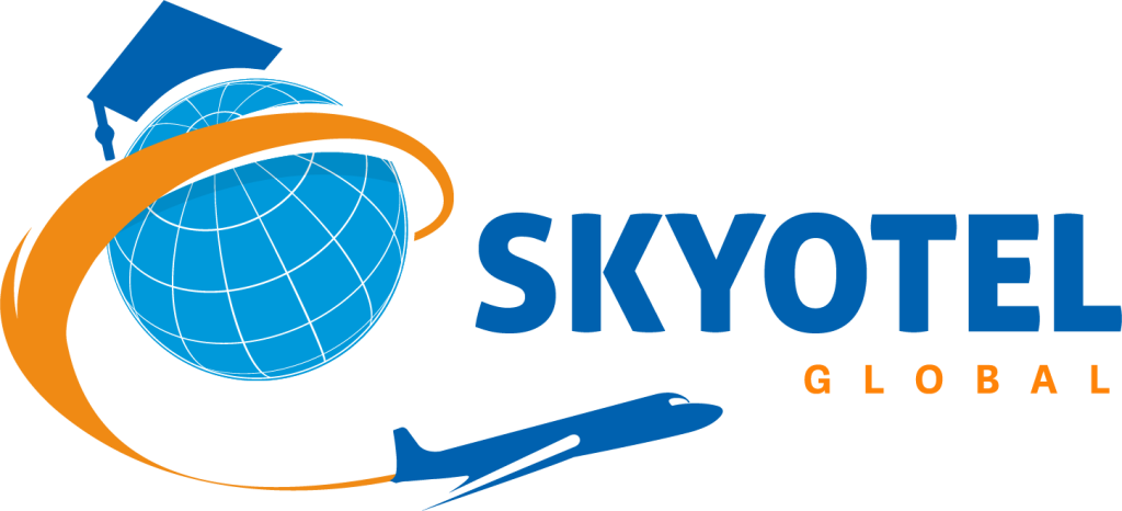 Skyotel Global logo with blue globe and orange swoosh airplane design